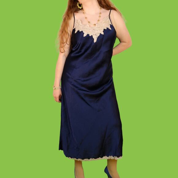 Vintage Navy Blue Jaclyn Smith Slip Dress with Lace, XL - Picture 1 of 7